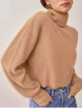 Reformation Luisa Cashmere Turtleneck Sweater in Camel - Size Small